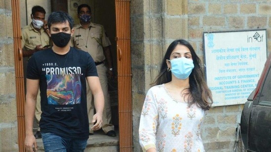 Rhea Chakraborty and Showik Chakraborty outside NCB office on Monday.