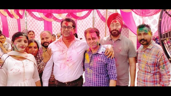 Health department staff during a Holi party in Tarn Taran on March 27.