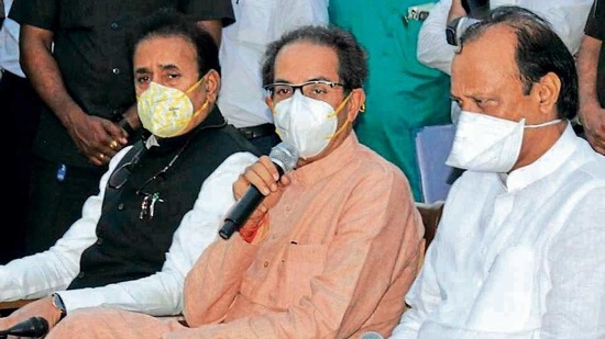 CM Uddhav Thackarey (C) along with Home Minister Anil Deshmukh (L) and Dy CM Ajit Pawar (R) addressing the media, during Budget Assembly Session at Vidhan Bhavan. (Vidyadhar Rane/HT PHOTO) (HT_PRINT) CM Uddhav Thackarey (C) along with Home Minister Anil Deshmukh (L) and Dy CM Ajit Pawar (R) addressing the media, during Budget Assembly Session at Vidhan Bhavan. (Vidyadhar Rane/HT PHOTO) (HT_PRINT)