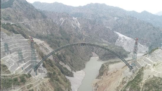 The bridge, which is 35 metres higher than the Eiffel Tower, is expected to be completed within a year. (HT Photo) The bridge, which is 35 metres higher than the Eiffel Tower, is expected to be completed within a year. (HT Photo)