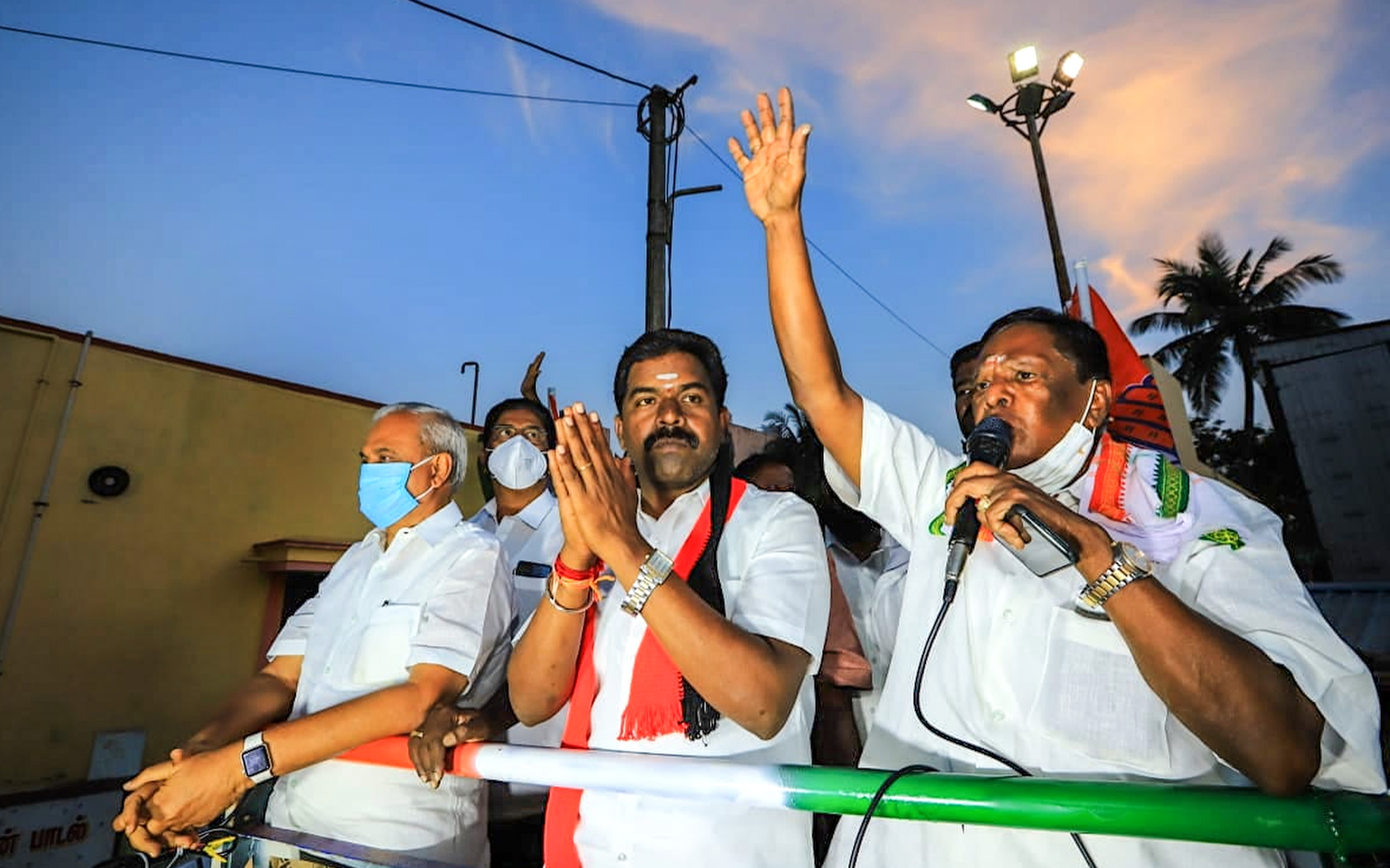 Former CM Narayanasamy during an election campaign rally in support of his party and allied candidates, for Puducherry assembly polls.(PTI Photo) Former CM Narayanasamy during an election campaign rally in support of his party and allied candidates, for Puducherry assembly polls.(PTI Photo)