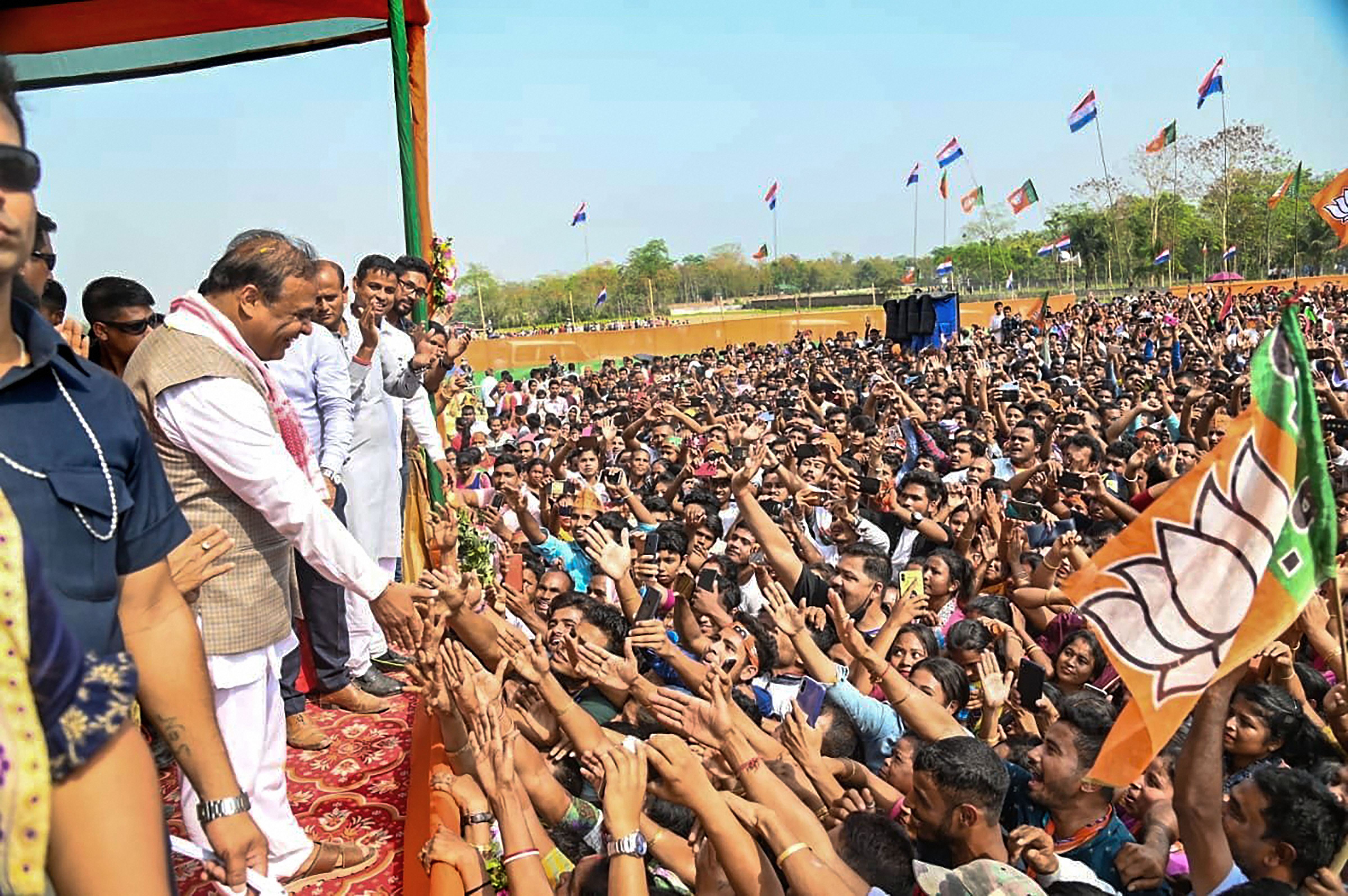 Assam minister and BJP leader Himanta Biswa Sarma during a public meeting in Hajo. The party is eyeing a comeback in the state.(PTI Photo) Assam minister and BJP leader Himanta Biswa Sarma during a public meeting in Hajo. The party is eyeing a comeback in the state.(PTI Photo)
