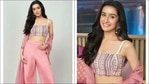 Shraddha Kapoor looks fresh as a flower in beaded crop top, blush pink cape set(Instagram/label_anushree) Shraddha Kapoor looks fresh as a flower in beaded crop top, blush pink cape set(Instagram/label_anushree)