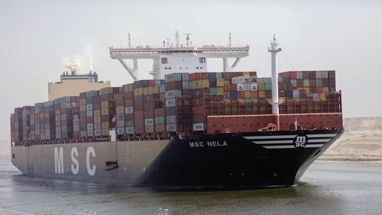 A ship is seen after sailing through Suez Canal, in Ismailia, Egypt April 6, 2021. (REUTERS)
