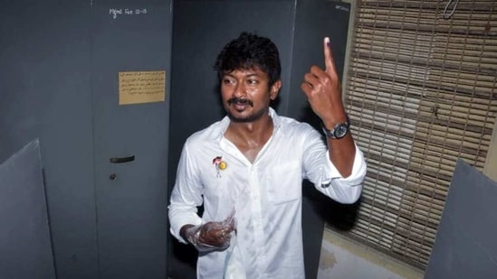 DMK leader Udhayanidhi Stalin show an ink marked finger after casting his vote during the assembly elections at Siet College, Teynampet in Chennai on Tuesday. (ANI Photo)