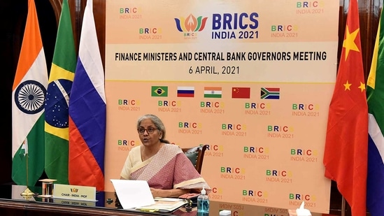 Finance Minister Nirmala Sitharaman during a virtual meeting of BRICS finance ministers and central bank governors meeting in New Delhi. (ANI Photo) Finance Minister Nirmala Sitharaman during a virtual meeting of BRICS finance ministers and central bank governors meeting in New Delhi. (ANI Photo)