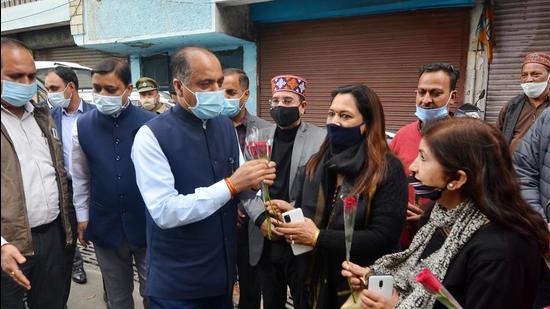 Himachal chief minister Jai Ram Thakur being welcomed at BJP state office in Shimla on Tuesday. (Deepak Sansta/HT) Himachal chief minister Jai Ram Thakur being welcomed at BJP state office in Shimla on Tuesday. (Deepak Sansta/HT)