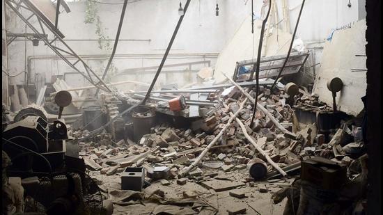 Debris lying on the premises of GK Plating, which is located next to the roof collapse site in Ludhiana. (Gurpreet Singh/HT)