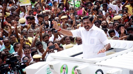 Tamil Nadu Chief Minister and AIADMK leader Edappadi K Palaniswami during a roadshow for Madurai East assembly candidate Gopalakrishnan in Madurai district, (PTI)