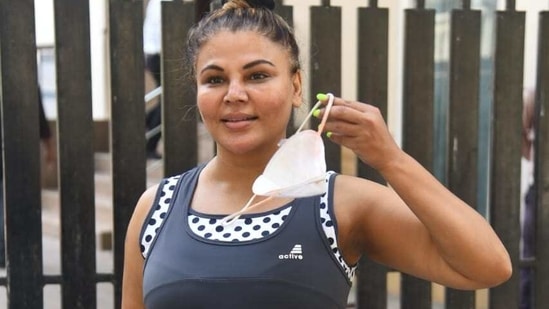 Rakhi Sawant spotted outside her Zumba class on Tuesday.(Varinder Chawla)