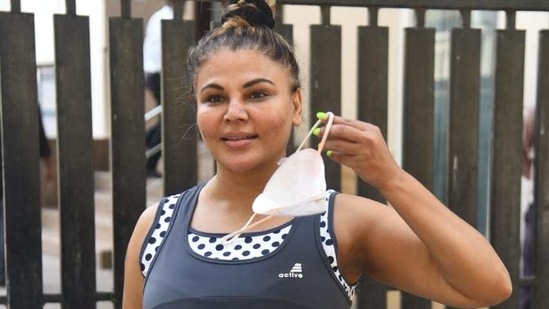 Bigg Boss 14 contestant Rakhi Sawant was spotted outside her Zumba class on Tuesday.(Varinder Chawla)