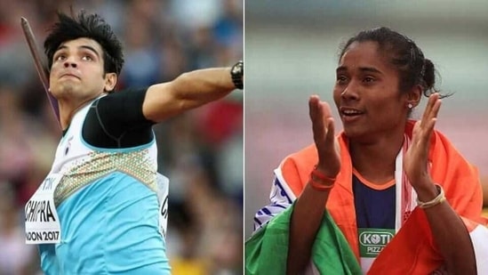 Indian javelin thrower Neeraj Chopra (L), sprinter Hima Das (R)(HT Collage)