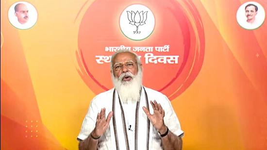 Prime Minister Narendra Modi addresses BJP workers on the occasion of the party's Sthapana Diwas (Foundation Day), via video conferencing, in New Delhi. (PTI) Prime Minister Narendra Modi addresses BJP workers on the occasion of the party's Sthapana Diwas (Foundation Day), via video conferencing, in New Delhi. (PTI)