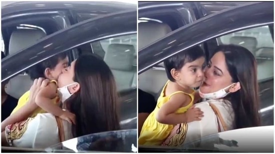 Mahhi Vij with her daughter Tara at the Mumbai airport.