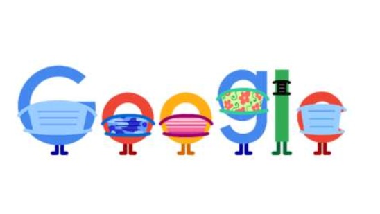 The image shows all the letters of the word Google wearing masks.
