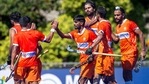 Indian men's hockey team celebrates a goal against Argentina in the first practice match.(Special Arrangement) Indian men's hockey team celebrates a goal against Argentina in the first practice match.(Special Arrangement)