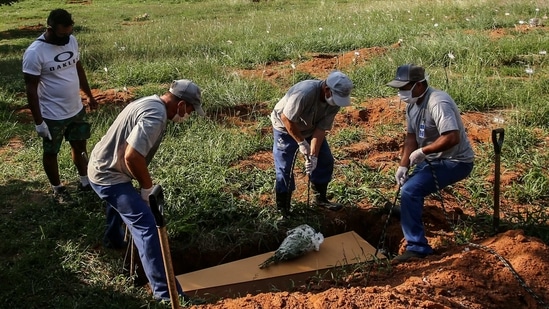 Gravediggers lower the coffin of Maria de Lourdes Moreira Cruz, 58, who passed away due to coronavirus disease (Covid-19), during her burial at Campo Santo cemetery in Porto Alegre on April 6. Brazil has reported a 24-hour tally of Covid-19 deaths exceeding 4,000 for the first time, becoming the third nation to go above that daily threshold, AP reported.(Diego Vara / REUTERS)