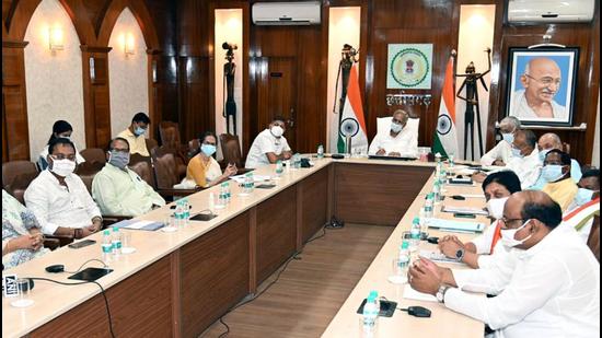 Chhattisgarh chief minister Bhupesh Baghel chairs a meeting with representatives of various social organizations of all the divisional headquarters of the state on the Covid-19 surge in Raipur on Wednesday. (ANI PHOTO.) Chhattisgarh chief minister Bhupesh Baghel chairs a meeting with representatives of various social organizations of all the divisional headquarters of the state on the Covid-19 surge in Raipur on Wednesday. (ANI PHOTO.)