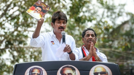 Madurai: Dravida Munnetra Kazhagam (DMK) leader Udhayanidhi Stalin during an election campaign rally in support of his party's Madurai North constituency candidate Ko Thalapathi, ahead of Tamil Nadu assembly polls, in Madurai, Monday, March 22, 2021. (PTI Photo)(PTI03_22_2021_000150B)(PTI)