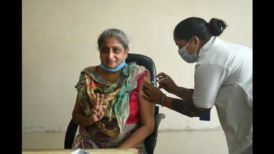 Haryana health department teams administered 84,950 vaccine doses to beneficiaries during a mega-vaccination drive. (HT PHOTO)