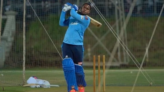 Shimron Hetmyer hitting them big in the nets. (Delhi Capitals/Twitter)