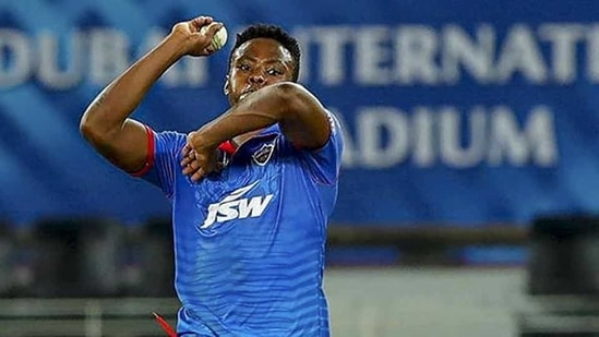 DC pacer Kagiso Rabada bowls during IPL 2020 cricket match against Delhi Capitals (DC), at Dubai International Cricket Stadium in Abu Dhabi.(PTI)