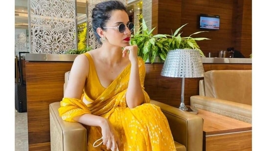 Kangana Ranaut ups her summer fashion in mango yellow saree for airport look | Hindustan Times