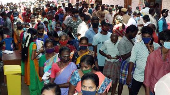 Huge crowds were seen in Tamil Nadu during campaigning and voting and there was little adherence to Covid 19 restrictions. (ANI Photo) (ANI) Huge crowds were seen in Tamil Nadu during campaigning and voting and there was little adherence to Covid 19 restrictions. (ANI Photo) (ANI)