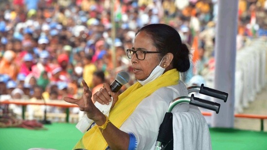 Cooch Behar: West Bengal Chief Minister Mamata Banerjee addresses an election campaign rally for the Assembly polls, at Baneswar in Cooch Behar district, (PTI)