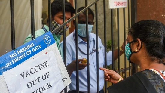 Beneficiaries outside a closed vaccination centre after the Covid-19 vaccine got out of stock, in Mumbai, (PTI) Beneficiaries outside a closed vaccination centre after the Covid-19 vaccine got out of stock, in Mumbai, (PTI)