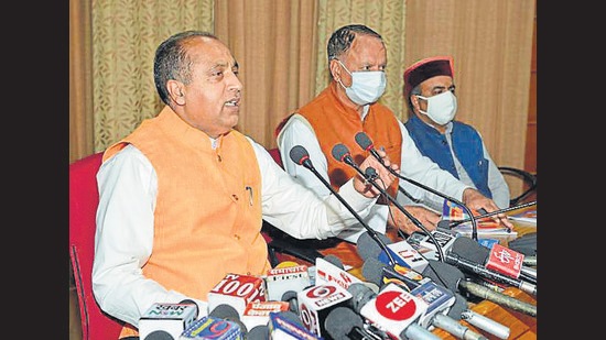 Himachal chief minister Jai Ram Thakur interacting with the media in Shimla on Thursday. (HT Photo)