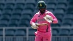 South Africa's captain Temba Bavuma tries to piece together his broken bat during the second One Day International cricket match between South Africa and Pakistan at the Wanderers stadium in Johannesburg, South Africa, Sunday, April 4, 2021. (AP Photo/Themba Hadebe)(AP) South Africa's captain Temba Bavuma tries to piece together his broken bat during the second One Day International cricket match between South Africa and Pakistan at the Wanderers stadium in Johannesburg, South Africa, Sunday, April 4, 2021. (AP Photo/Themba Hadebe)(AP)