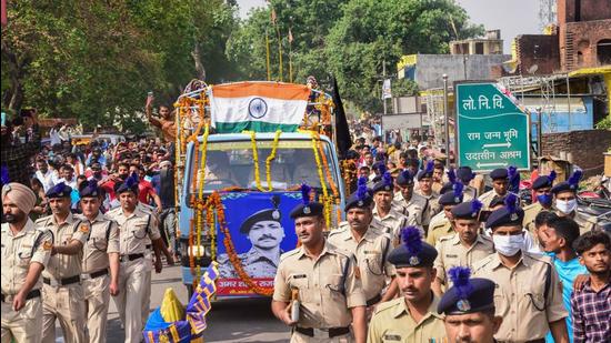 Funeral procession of CRPF jawan Rajkumar Yadav, who died in a gun battle with Maoist rebels in Chhattisgarh, in Ayodhya Tuesday. (PTI) Funeral procession of CRPF jawan Rajkumar Yadav, who died in a gun battle with Maoist rebels in Chhattisgarh, in Ayodhya Tuesday. (PTI)