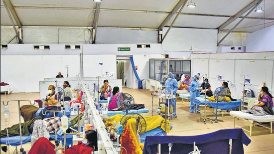 All beds at the Covid-19 hospital in Nehrunagar, Pimpri, were occupied, on Thursday. (HT ) All beds at the Covid-19 hospital in Nehrunagar, Pimpri, were occupied, on Thursday. (HT )