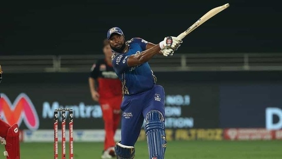 Mumbai Indians batsman Kieron Pollard plays a shot during the Indian Premier League 2020 cricket match against Royal Challengers Bangalore.(PTI)