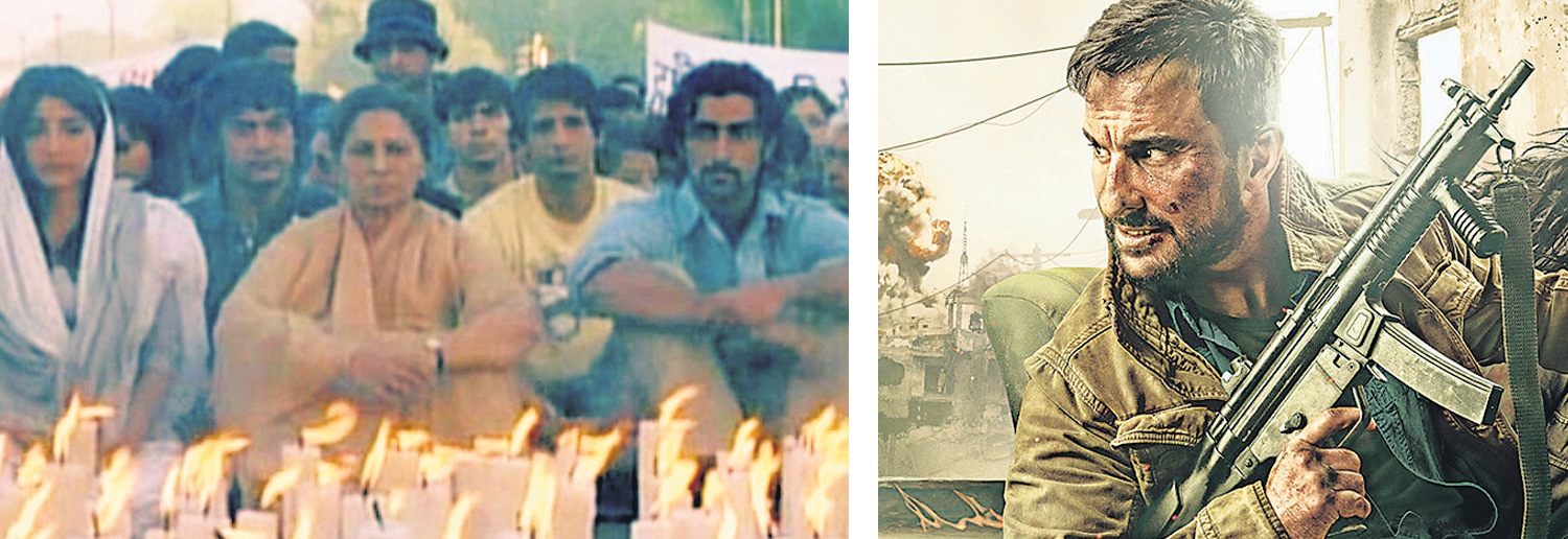 Other dominant themes: corruption (seen here is the candlelit-protest scene from Rang De Basanti, 2006) and Pakistan, Kashmir and terrorism (all of which unite in Phantom, 2015). Other dominant themes: corruption (seen here is the candlelit-protest scene from Rang De Basanti, 2006) and Pakistan, Kashmir and terrorism (all of which unite in Phantom, 2015).