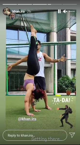 Ira Khan does a perfect handstand with Nupur Shikhare's help.