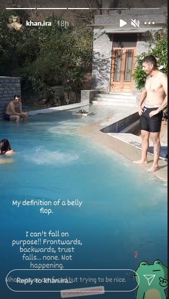 Ira Khan captioned her post, "My definition of a belly flop."