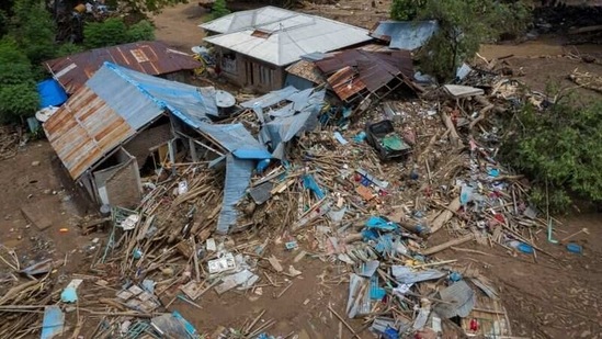 The most likely area to experience destructive wind gusts is on the coast between Geraldton, 200 km north of Perth, and Denham, 500 km north of Perth. In picture - Damaged houses due to tropical cyclone Seroja in Indonesia.(Reuters)