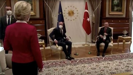 European Commission President Ursula von der Leyen stands as European Council President Charles Michel and Turkish President take seats in Ankara.(via REUTERS)