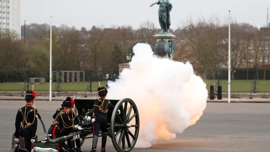 Members of The King's Troop Royal Horse Artillery fire a gun salute to mark the death of Britain's Prince Philip, husband of Queen Elizabeth, at the Parade Ground, Woolwich Barracks in central London, Britain April 10, 2021. Alastair Grant/Pool via REUTERS(REUTERS)