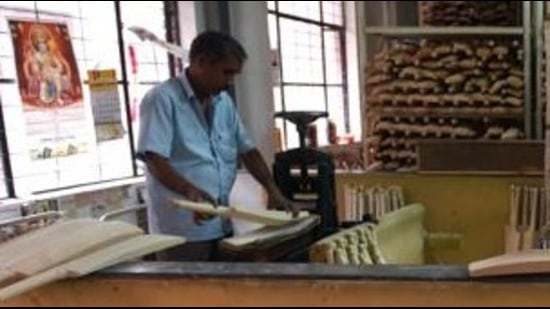 Each bat is shaped from a single block or cleft of English willow wood. Before it is honed though, the bat is compressed to make it harder, denser and more powerful. On average, 1 cm of wood is compacted to 2 mm. (HT Archive) Each bat is shaped from a single block or cleft of English willow wood. Before it is honed though, the bat is compressed to make it harder, denser and more powerful. On average, 1 cm of wood is compacted to 2 mm. (HT Archive)
