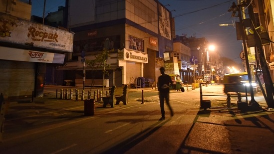Karol Bagh Market in New Delhi, emptied out during a night curfew in response to rising Covid-19 cases. (Sanchit Khanna / HT Photo) Karol Bagh Market in New Delhi, emptied out during a night curfew in response to rising Covid-19 cases. (Sanchit Khanna / HT Photo)