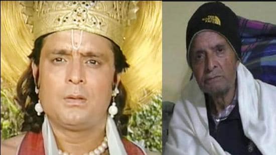 Satish Kaul as Lord Indra in TV serial Mahabharat and (right) a recent photo of the veteran actor in Ludhiana. (HT Photos)