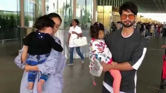 Shahid Kapoor and Mira Rajput at Mumbai airport with kids Misha and Zain.