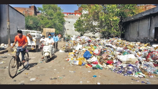 Garbage strewn on the roadside at the secondary dumping point in Shivpuri, Ludhiana. (HT Photo) Garbage strewn on the roadside at the secondary dumping point in Shivpuri, Ludhiana. (HT Photo)