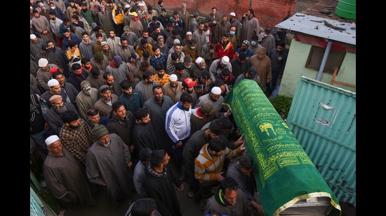 The body of Riyaz Ahmad being carried by villagers during his funeral procession, at Sopore in Baramulla district of north Kashmir, on Monday. (PTI FILE PHOTO) The body of Riyaz Ahmad being carried by villagers during his funeral procession, at Sopore in Baramulla district of north Kashmir, on Monday. (PTI FILE PHOTO)