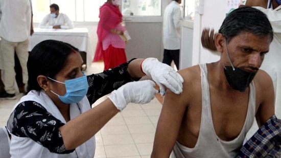 A man receives a dose of COVISHIELD, a coronavirus disease (Covid-19) vaccine, in Prayagraj on April 9, 2021. (ANI Photo)
