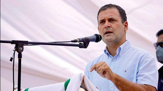 Kerala, April 04 (ANI): Congress leader Rahul Gandhi addresses a corner meeting at Vellamunda, in Wayanad on Sunday. (ANI Photo) (ANI)