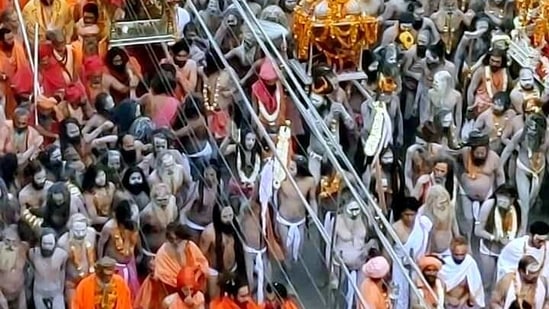 Saints arrive for the Shahi Snan of Mahakumbh on the occasion of Mahashivratri in Haridwar. (ANI Photo) Saints arrive for the Shahi Snan of Mahakumbh on the occasion of Mahashivratri in Haridwar. (ANI Photo)